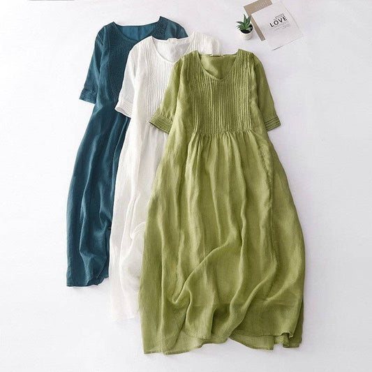Solid Color V-Neck Pleated Dress With Lining