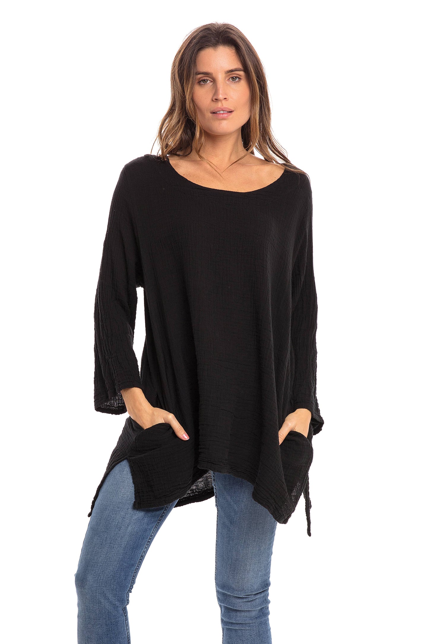 Crinkle Cotton Long Sleeve Tunic-03477 (S/M, L/X, XXL)
