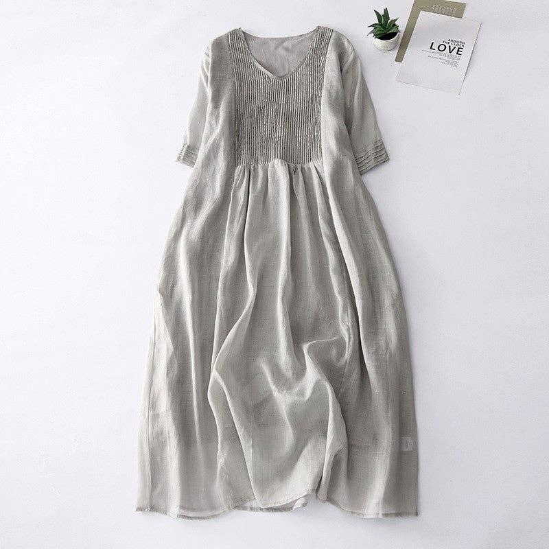 Solid Color V-Neck Pleated Dress With Lining
