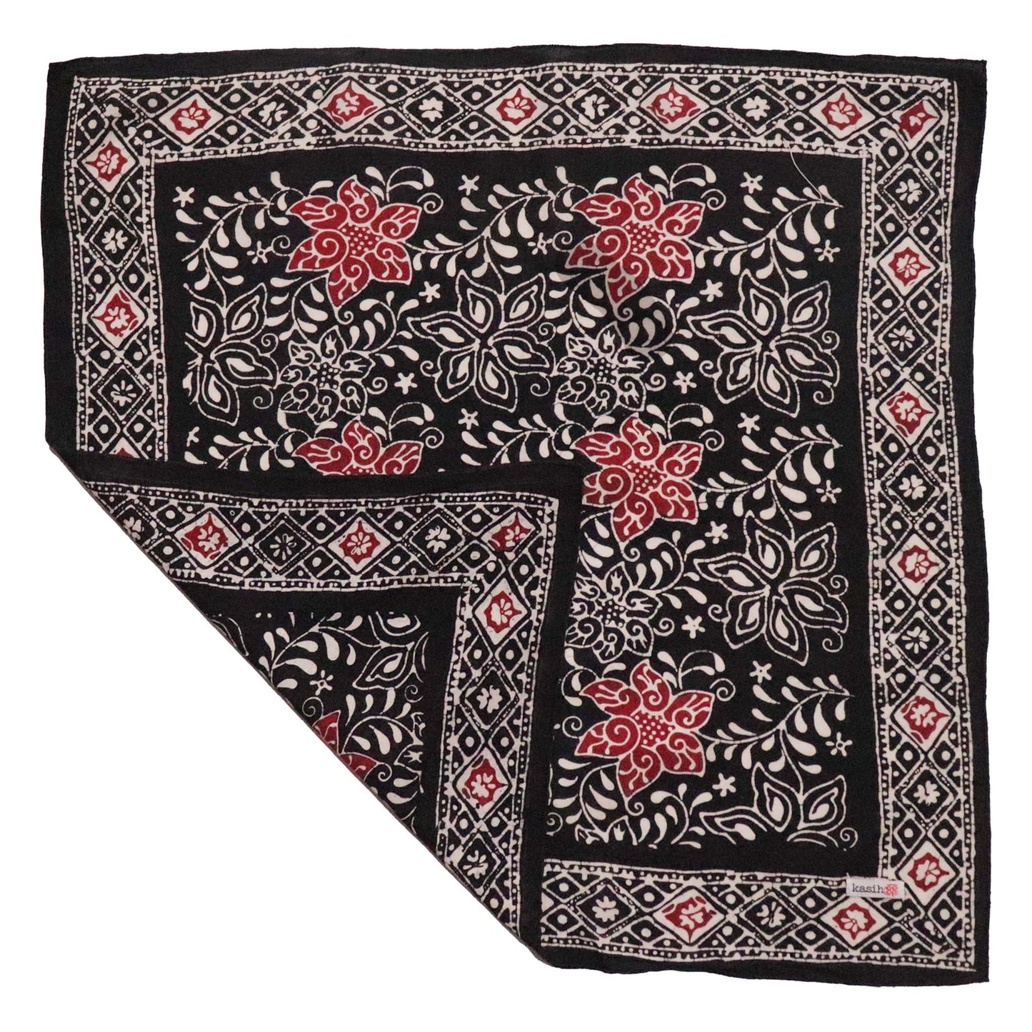 Hand Dyed Batik Bandana Black Red 100% Cotton Stamped Soft