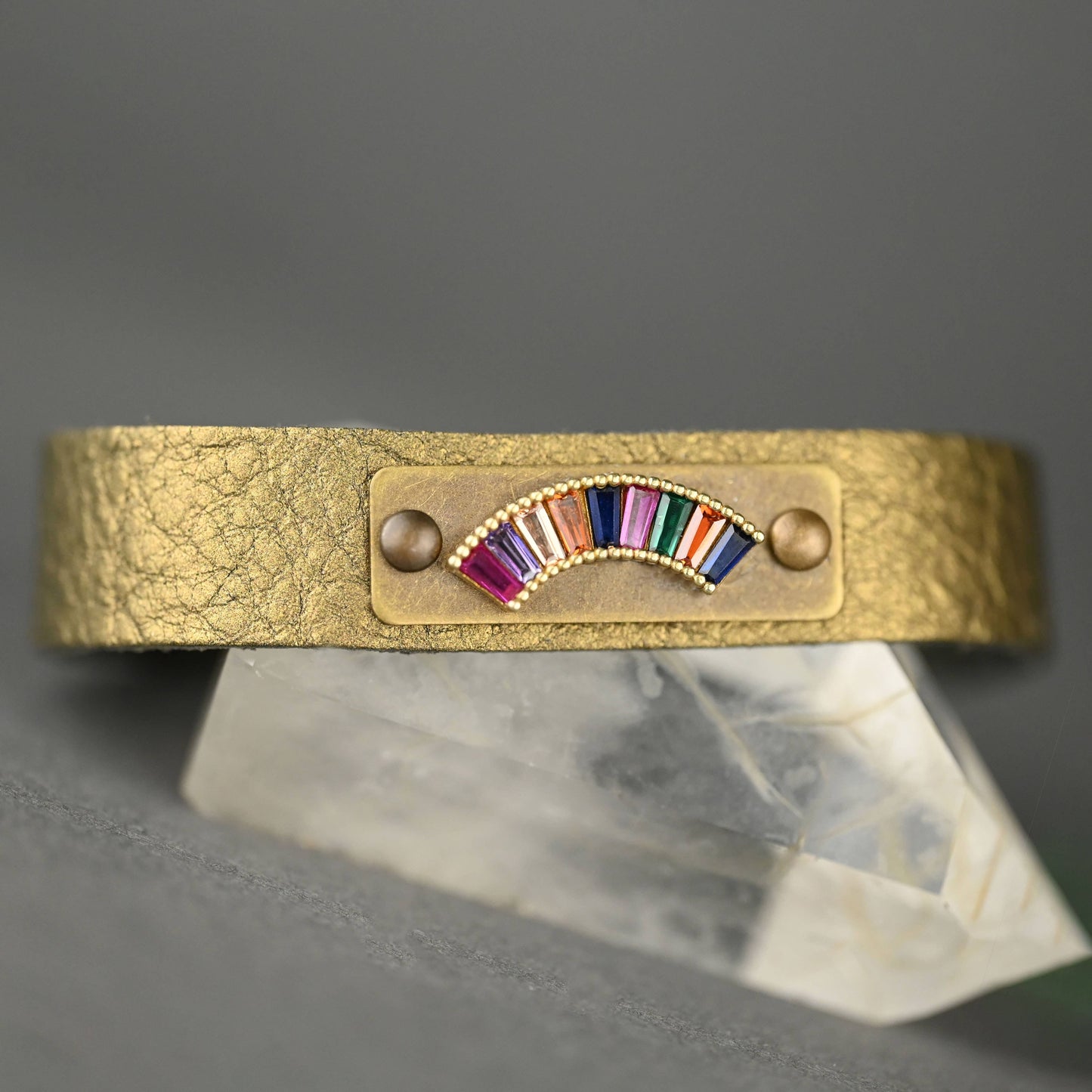 Leather Stacker Cuff w/ Brass Rainbow & Colorful Crystals