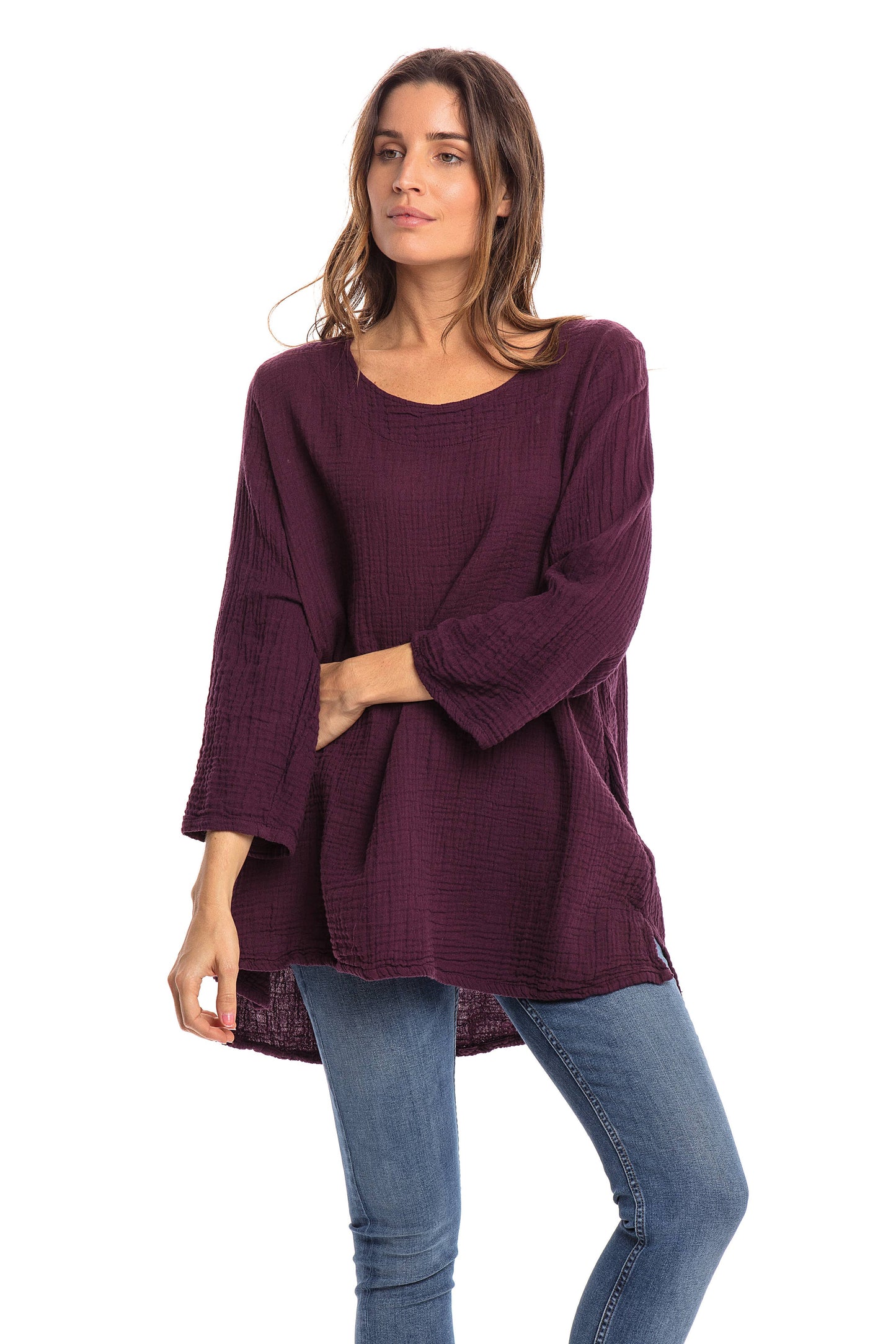 Crinkle Cotton Long Sleeve Tunic-03477 (S/M, L/X, XXL)