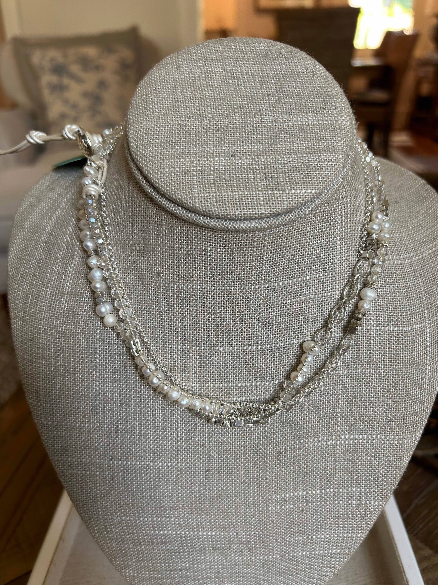 Pearl, Chain, and Crystal Necklace Wrap Bracelet