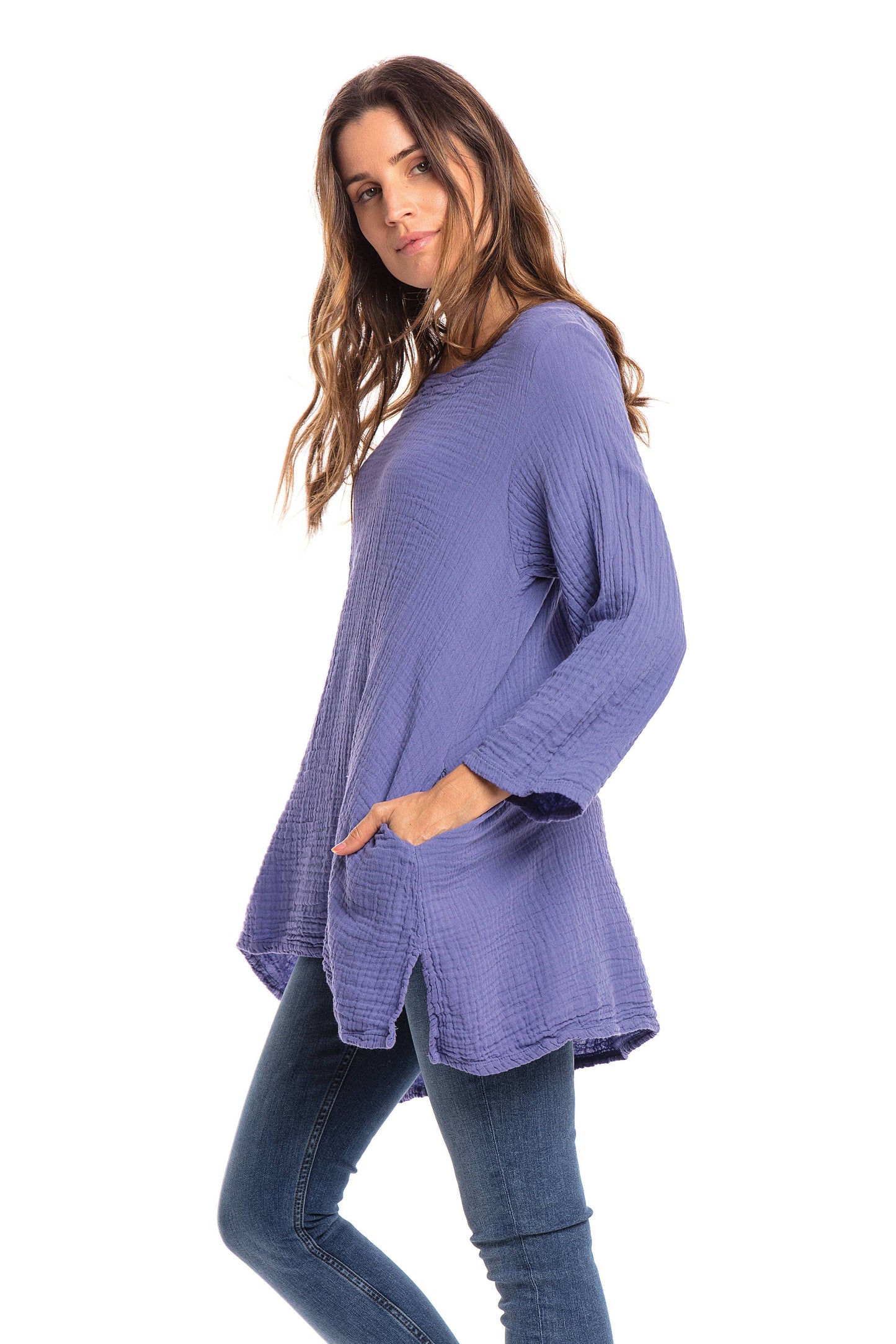 Crinkle Cotton Long Sleeve Tunic-03477 (S/M, L/X, XXL)