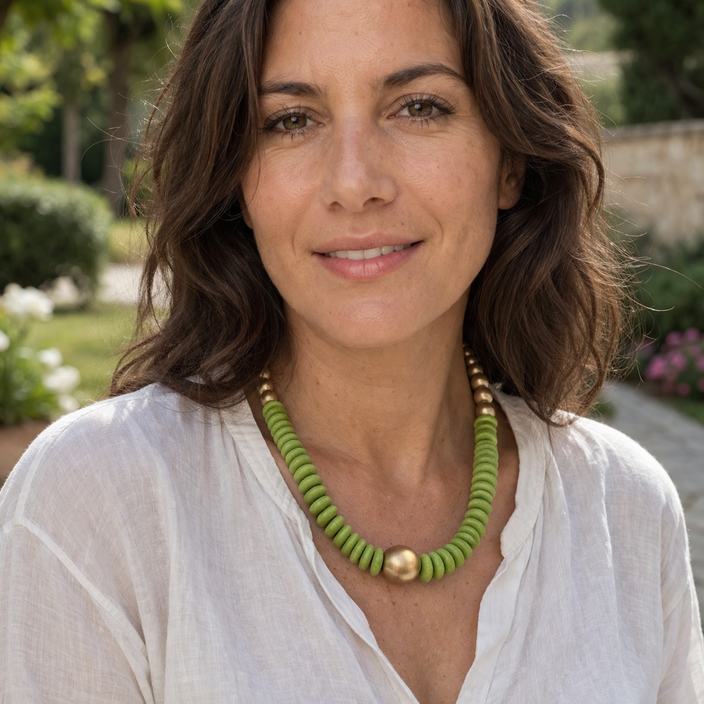Lime green and gold beaded statement necklace