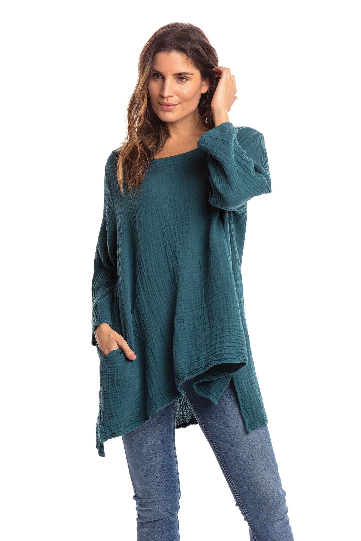 Crinkle Cotton Long Sleeve Tunic-03477 (S/M, L/X, XXL)