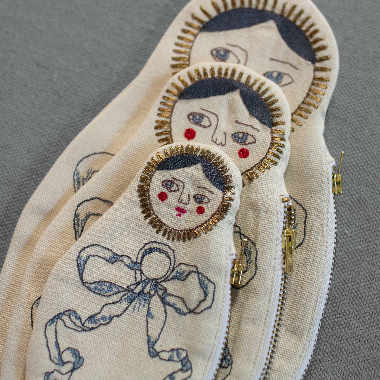 Nesting Doll Pouch Set, 3 Embroidered Zip Pouches