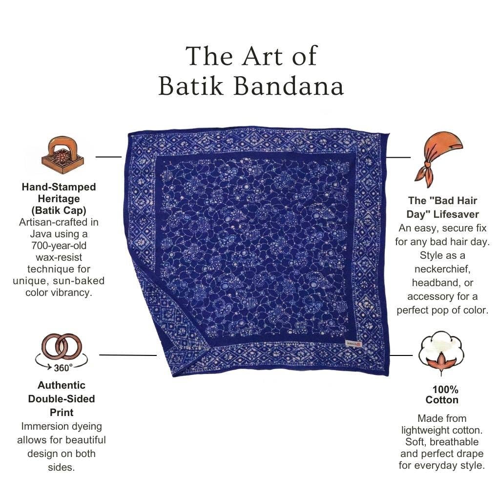 Hand Dyed Batik Bandana, 100% Soft Cotton, Boulder, Blue, Hair Scarf