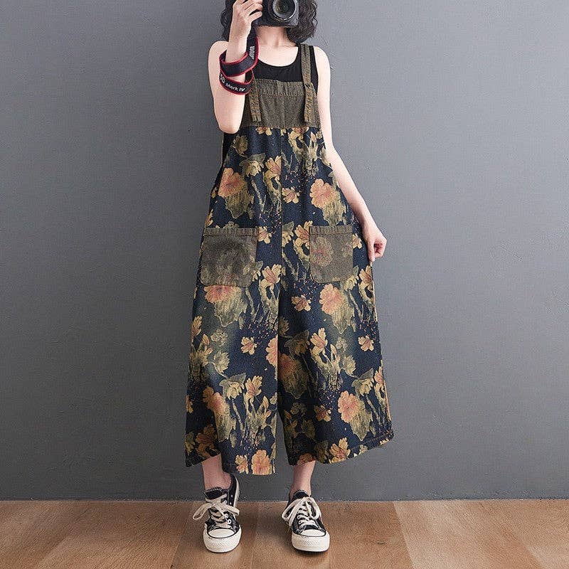 Denim Overall Jumpsuit With Floral Print