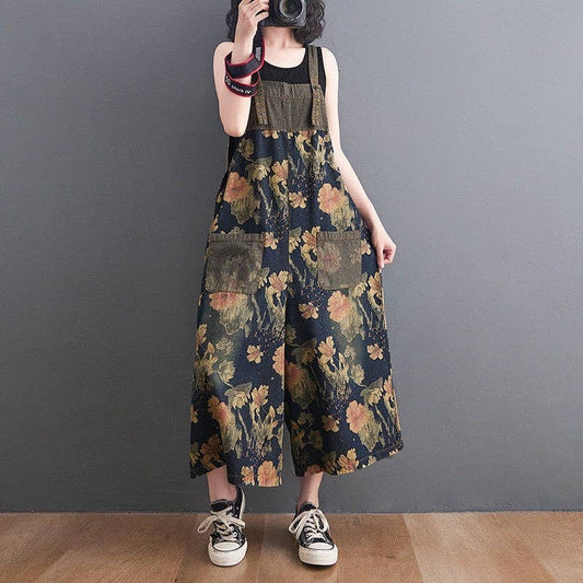 Denim Overall Jumpsuit With Floral Print