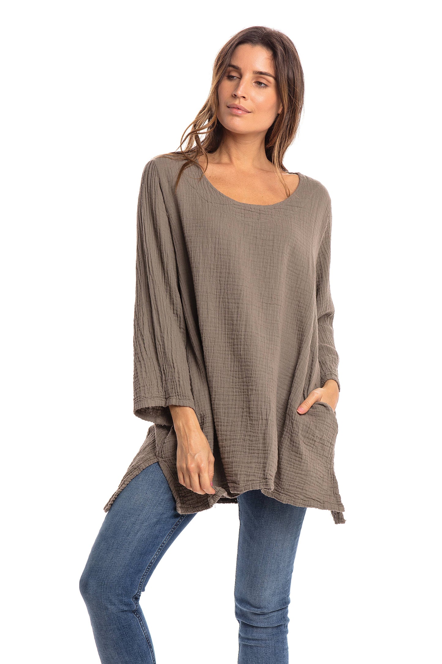 Crinkle Cotton Long Sleeve Tunic-03477 (S/M, L/X, XXL)