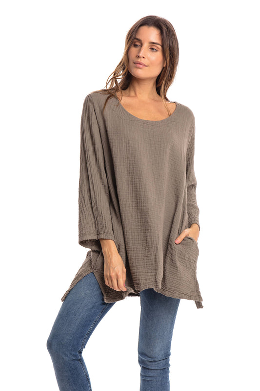 Crinkle Cotton Long Sleeve Tunic-03477 (S/M, L/X, XXL)