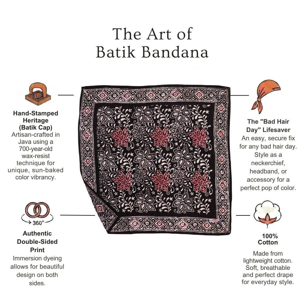 Hand Dyed Batik Bandana Black Red 100% Cotton Stamped Soft
