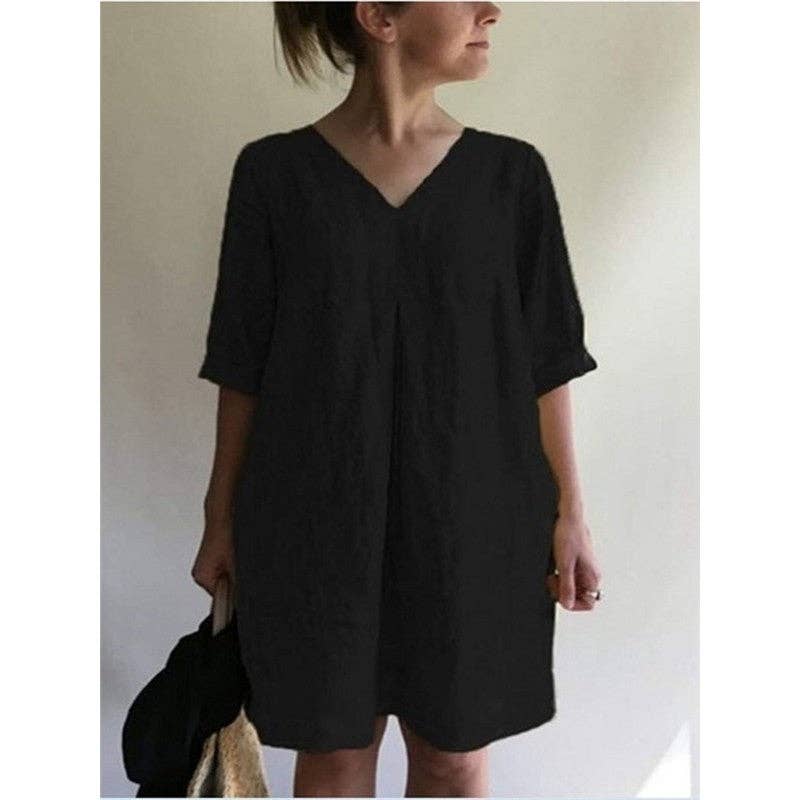 Casual Loose V-Neck Solid Color Dress