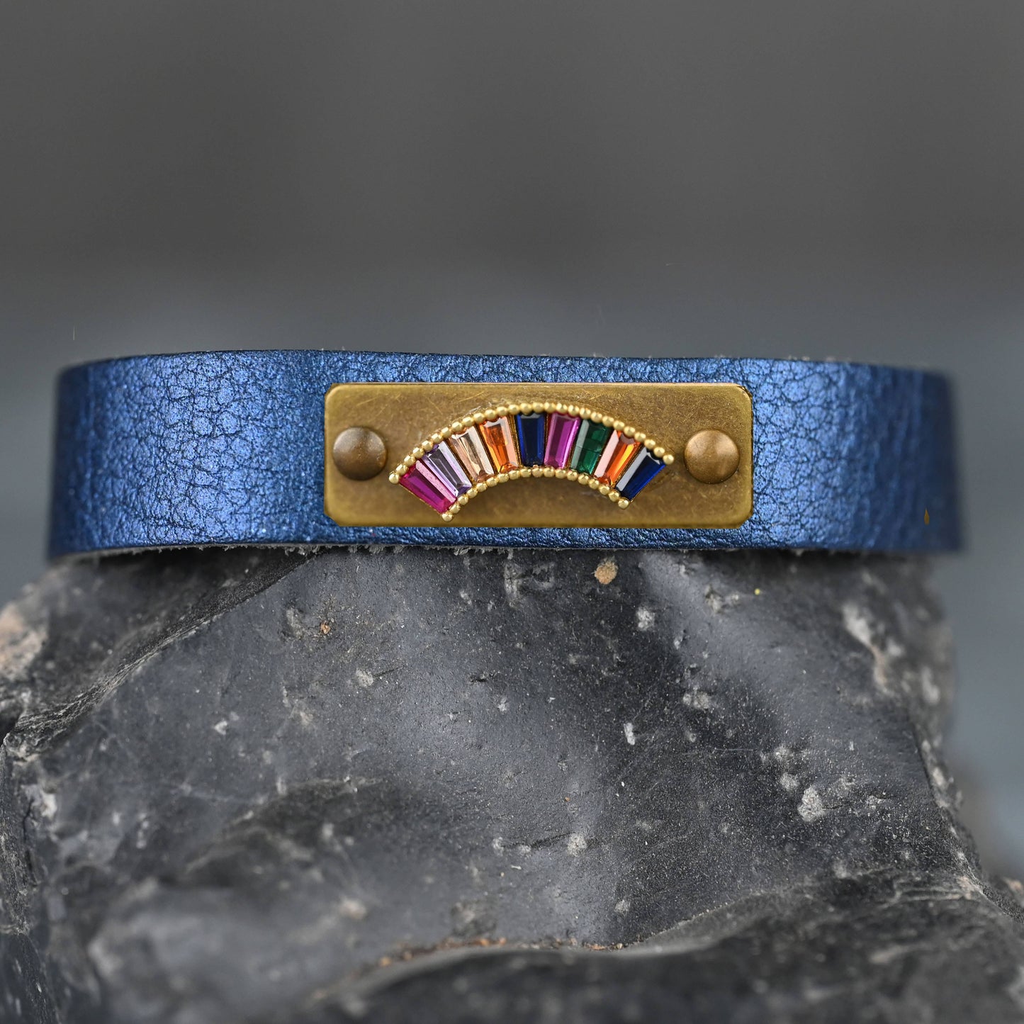 Leather Stacker Cuff w/ Brass Rainbow & Colorful Crystals