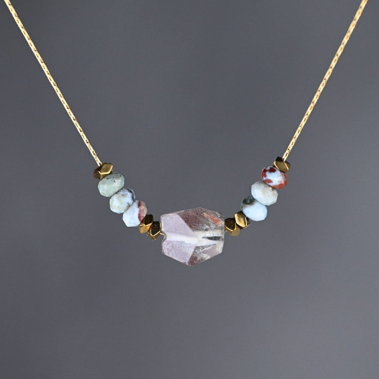 Faceted Herkimer Diamond With Larimar Stones Necklace