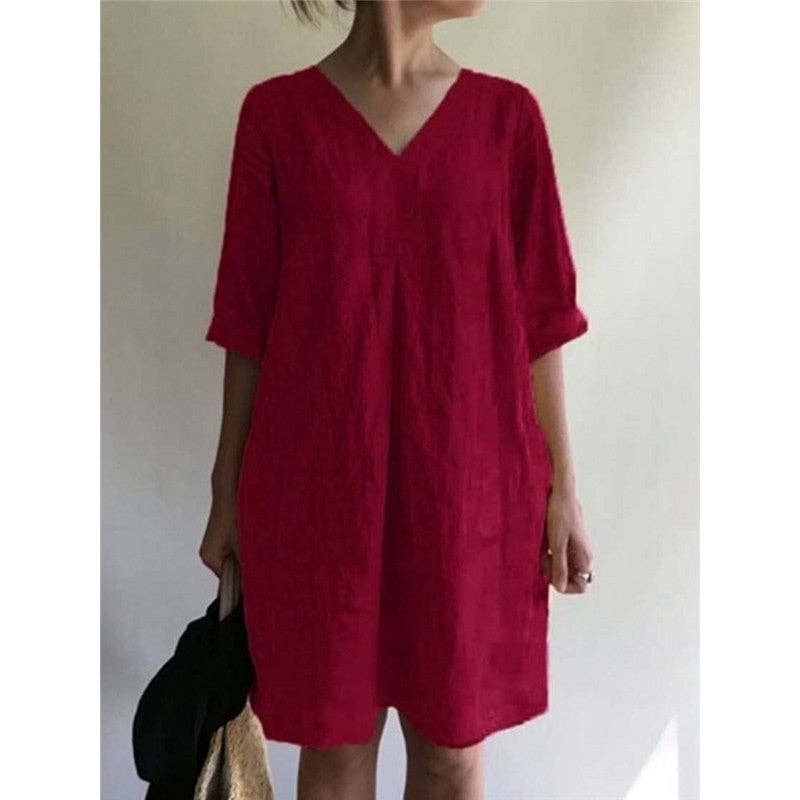 Casual Loose V-Neck Solid Color Dress