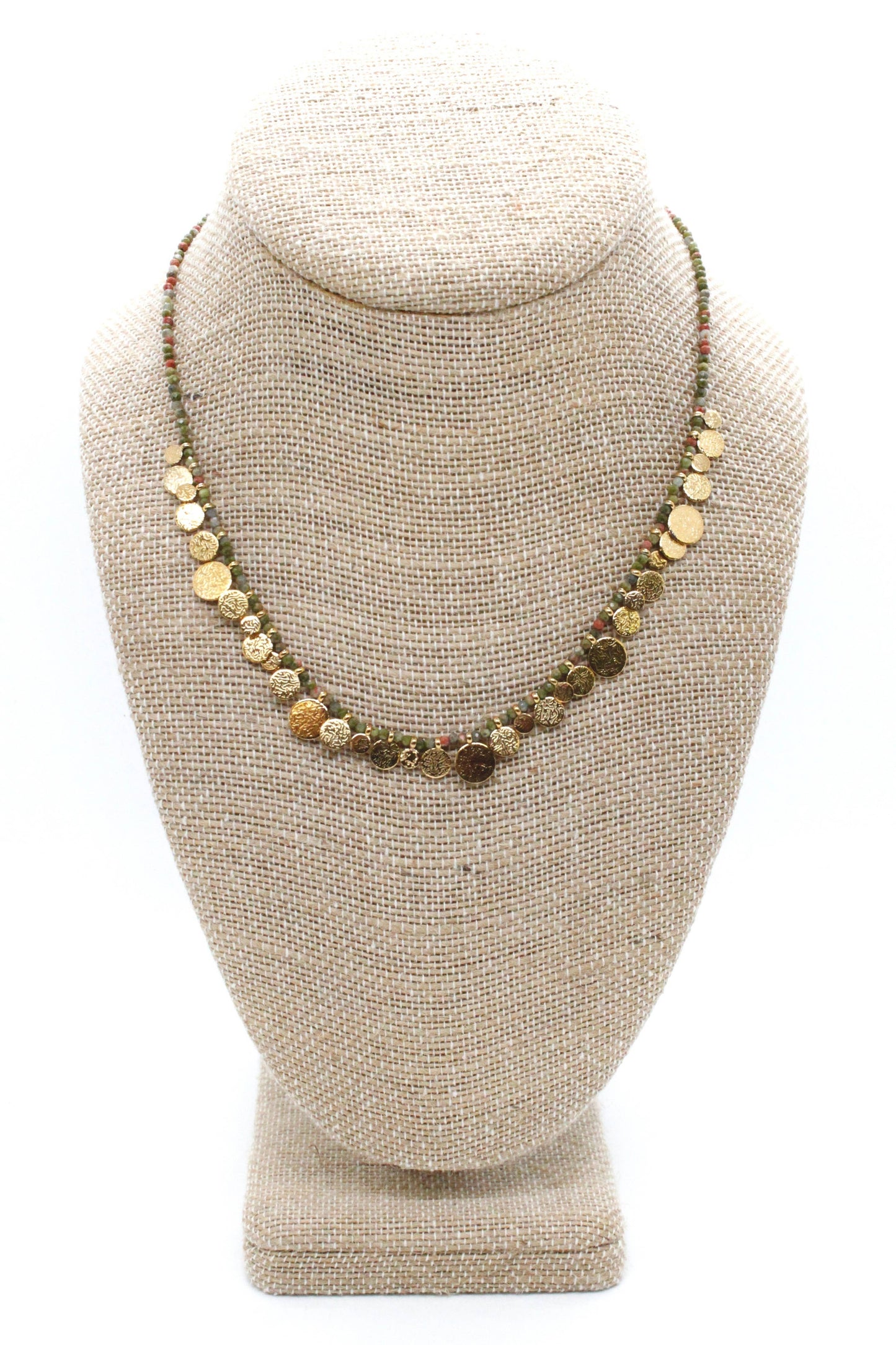 Short Mini Gold Disc Charm Unakite Necklace - N2-2612U