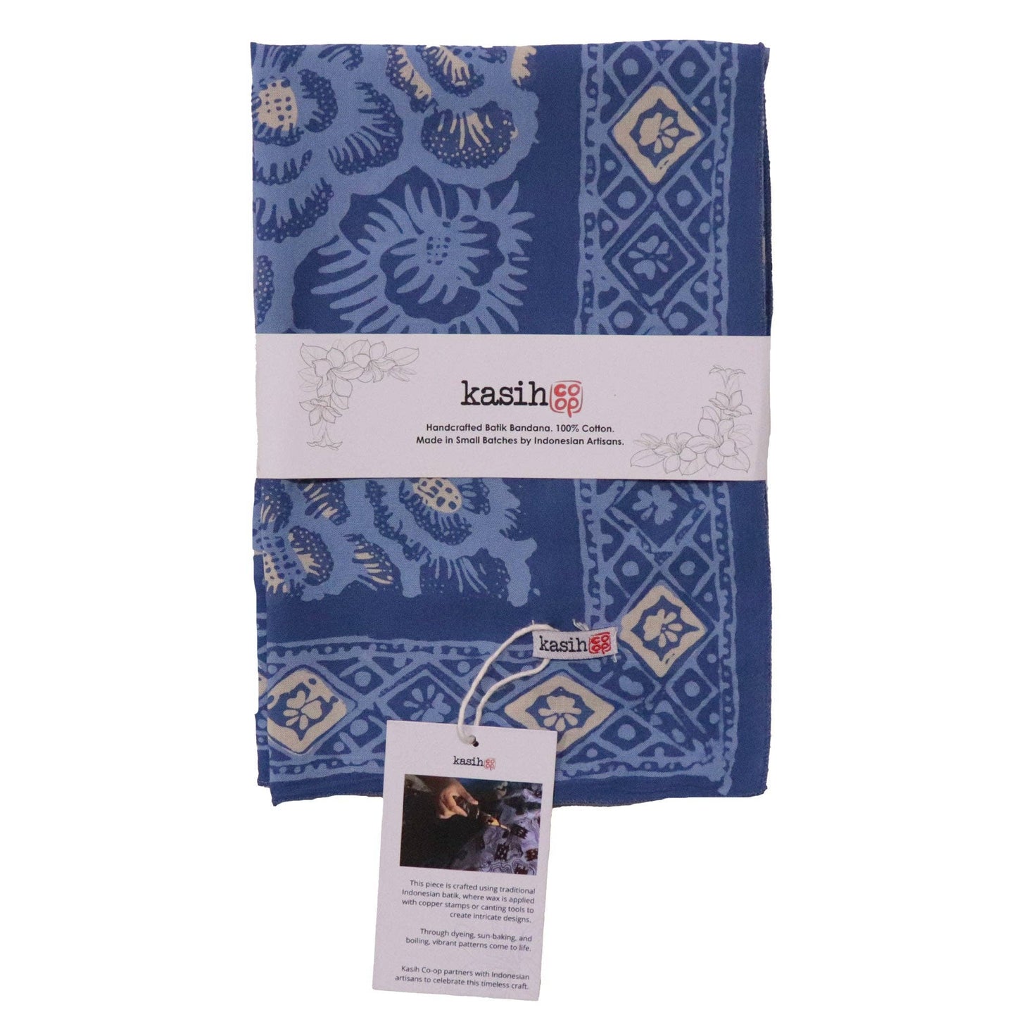 Batik Bandana Blue Roses, Lightweight 100% cotton, Hand Dyed Hand Painted