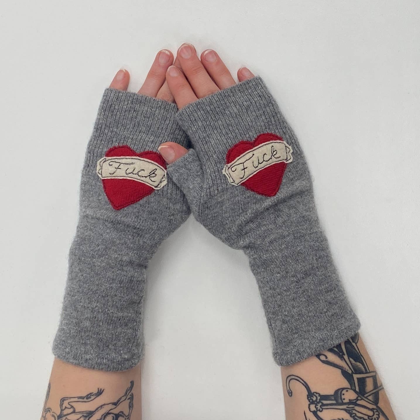 Fingerless Cashmere Gloves-Tattoo Heart Fuck