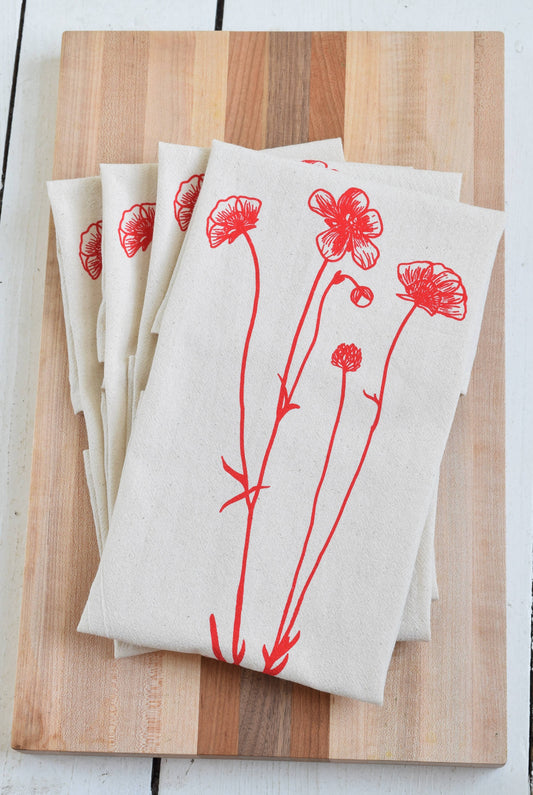 Organic Cotton Napkins -  Flower in Red - Set of 4 - Eco