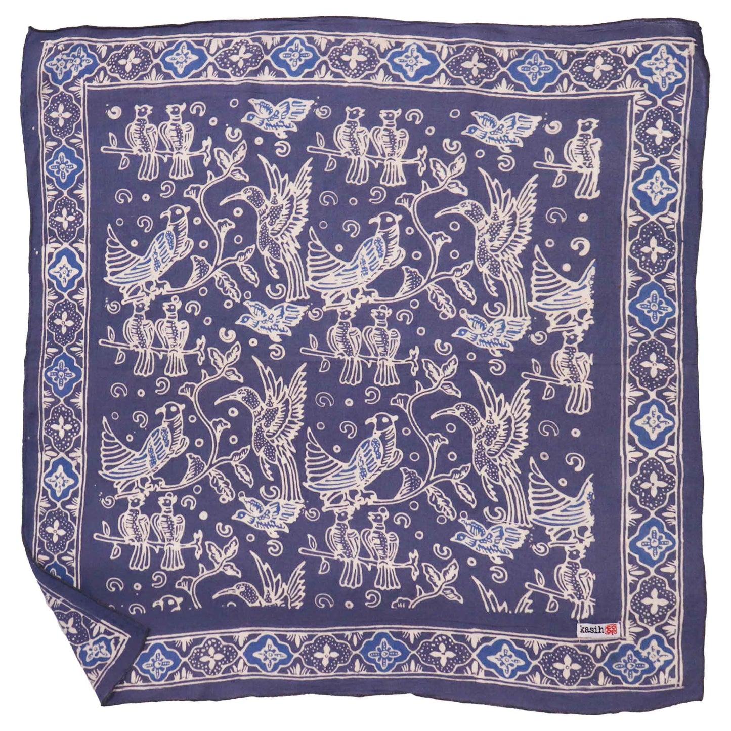 Hand Dyed Batik Bandana, 100% Soft Cotton, Bird Song, Gray, Grey, Blue