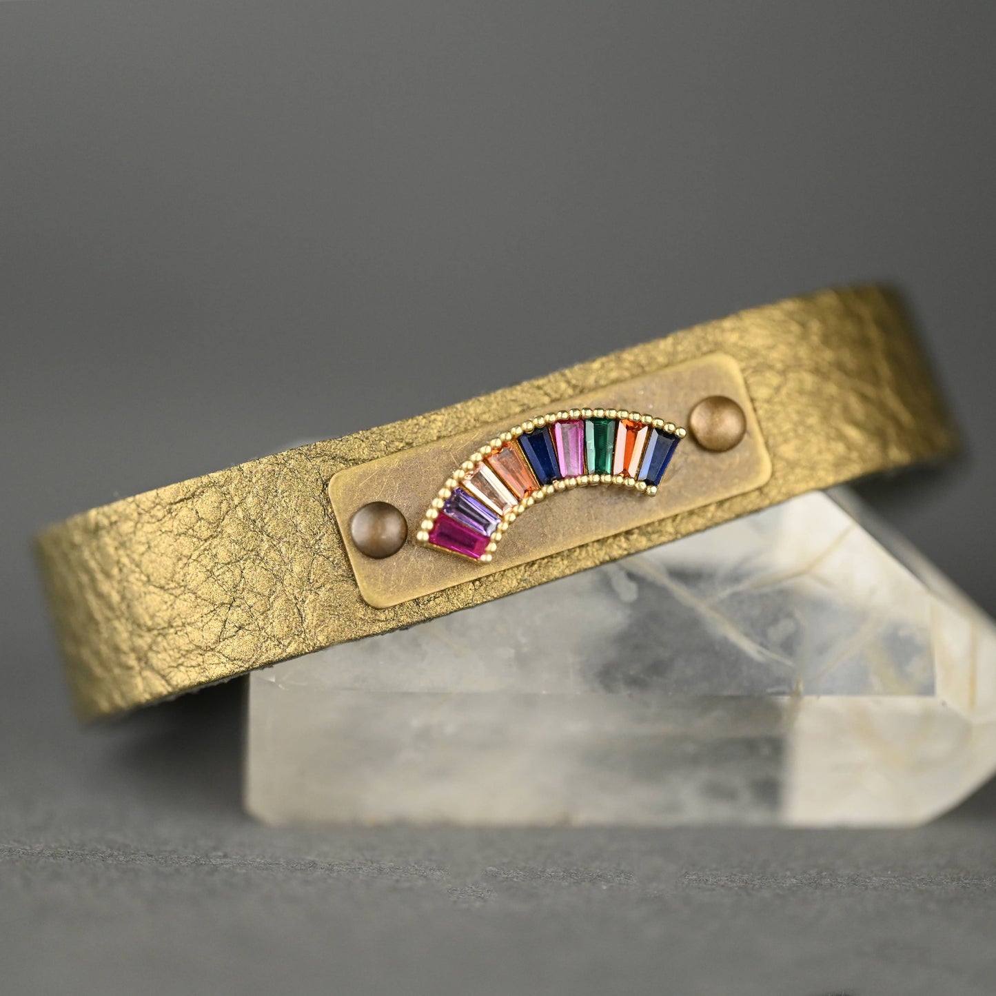 Leather Stacker Cuff w/ Brass Rainbow & Colorful Crystals