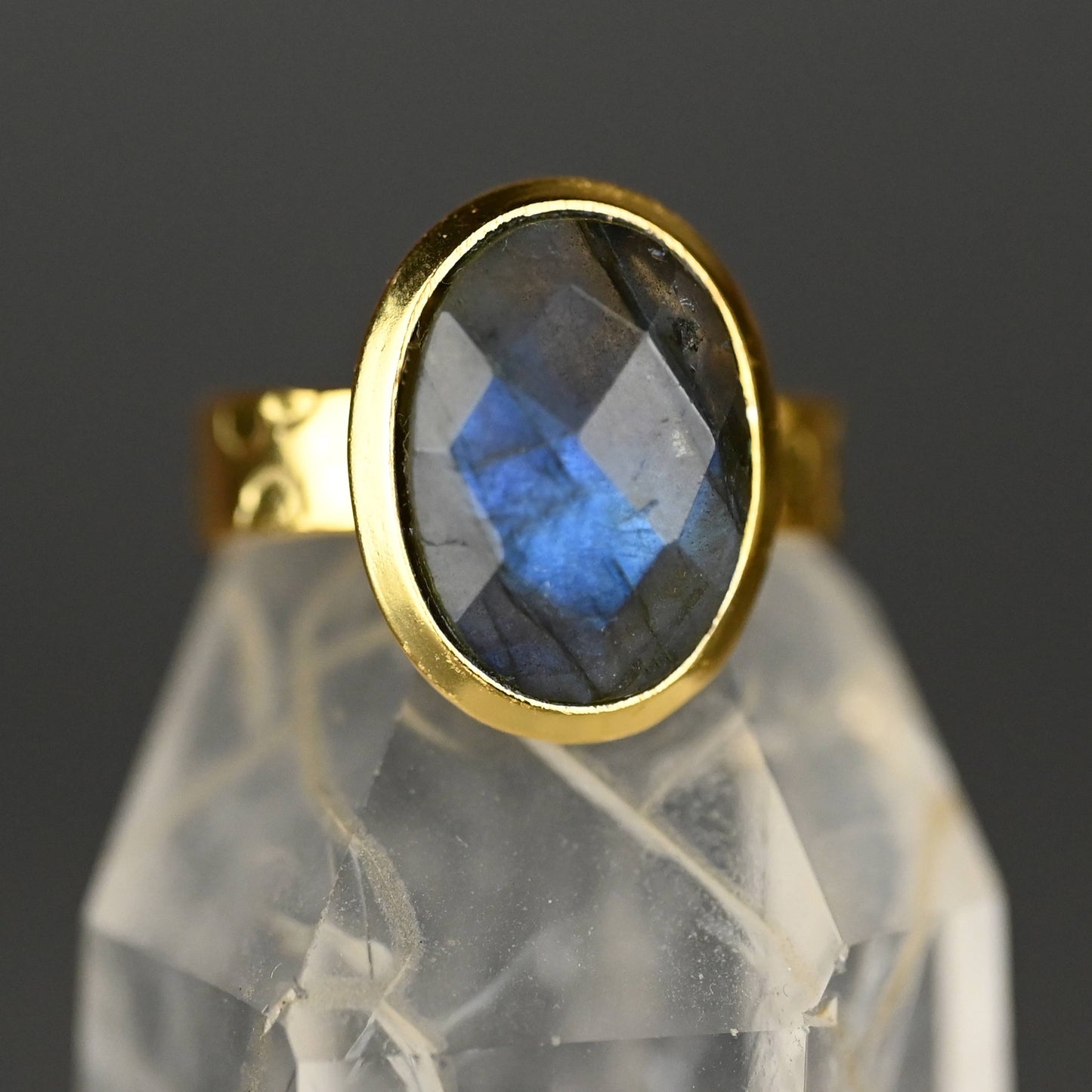 Labradorite Oval Ring on a Hand Hammered Golden Band