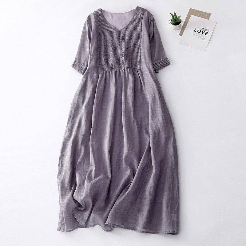 Solid Color V-Neck Pleated Dress With Lining