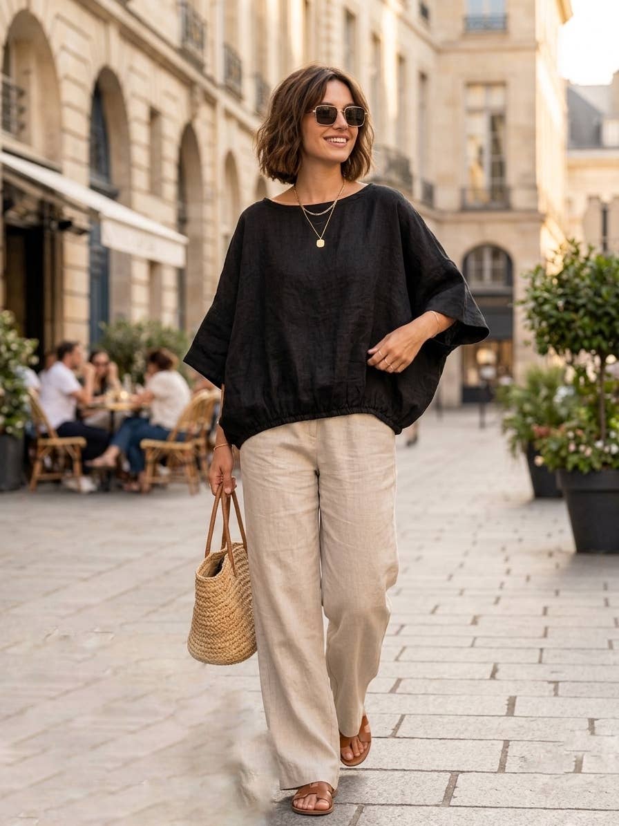 9558 Oversized linen tunic with elasticated hem