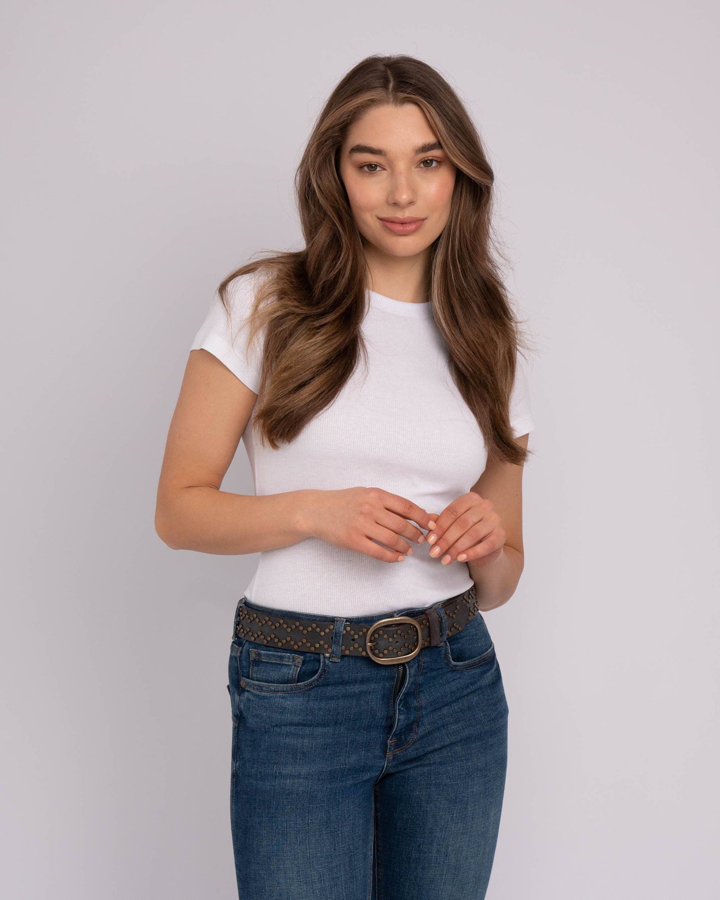 Demi | Oval Buckle Leather Studded Belt