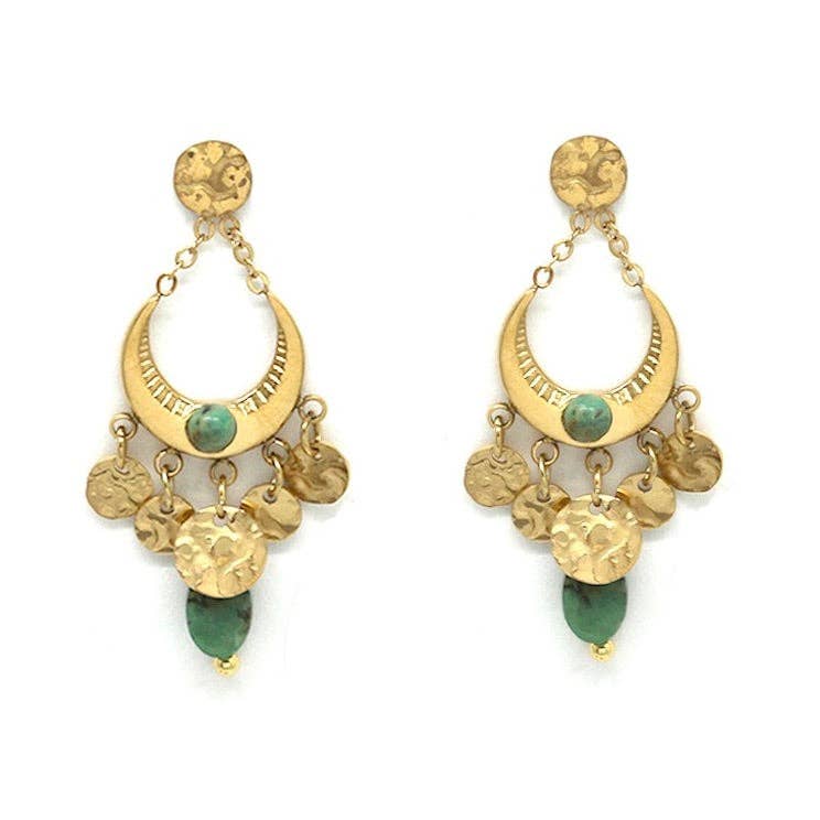 Half Moon African Turquoise Gold Dangle Earrings - E4-275