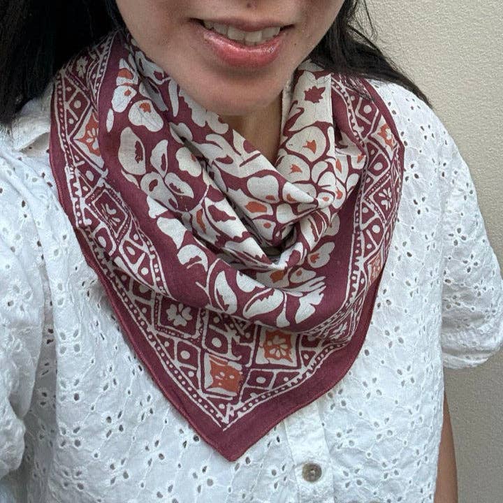 Hand Dyed Batik Bandana, Plum Haze, Floral, Purple, Scarf, 100% Cotton