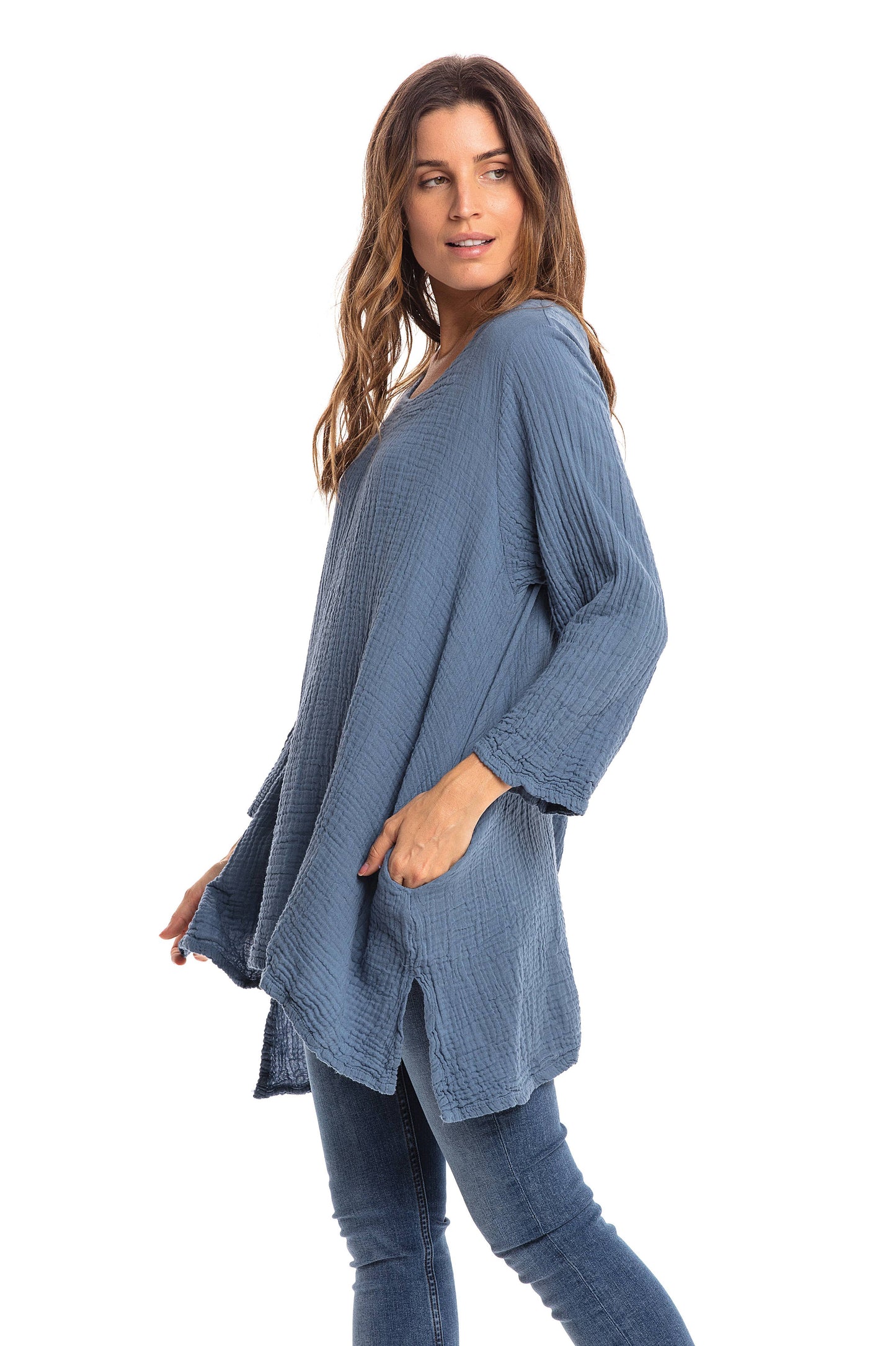 Crinkle Cotton Long Sleeve Tunic-03477 (S/M, L/X, XXL)