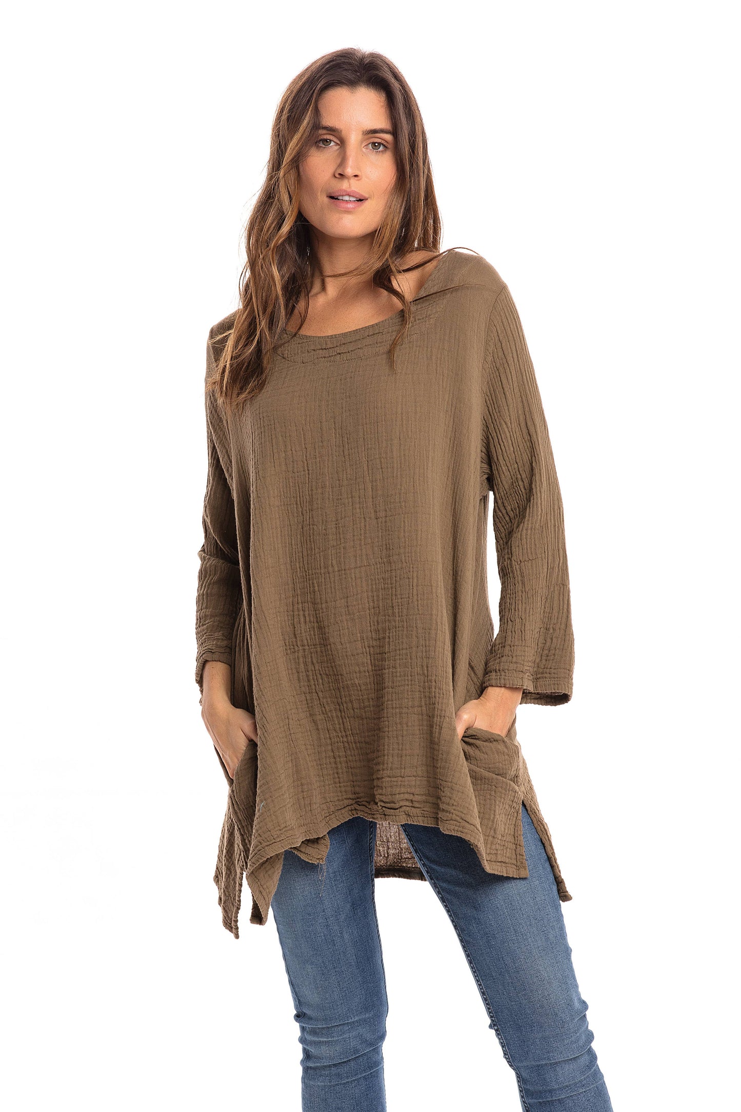 Crinkle Cotton Long Sleeve Tunic-03477 (S/M, L/X, XXL)