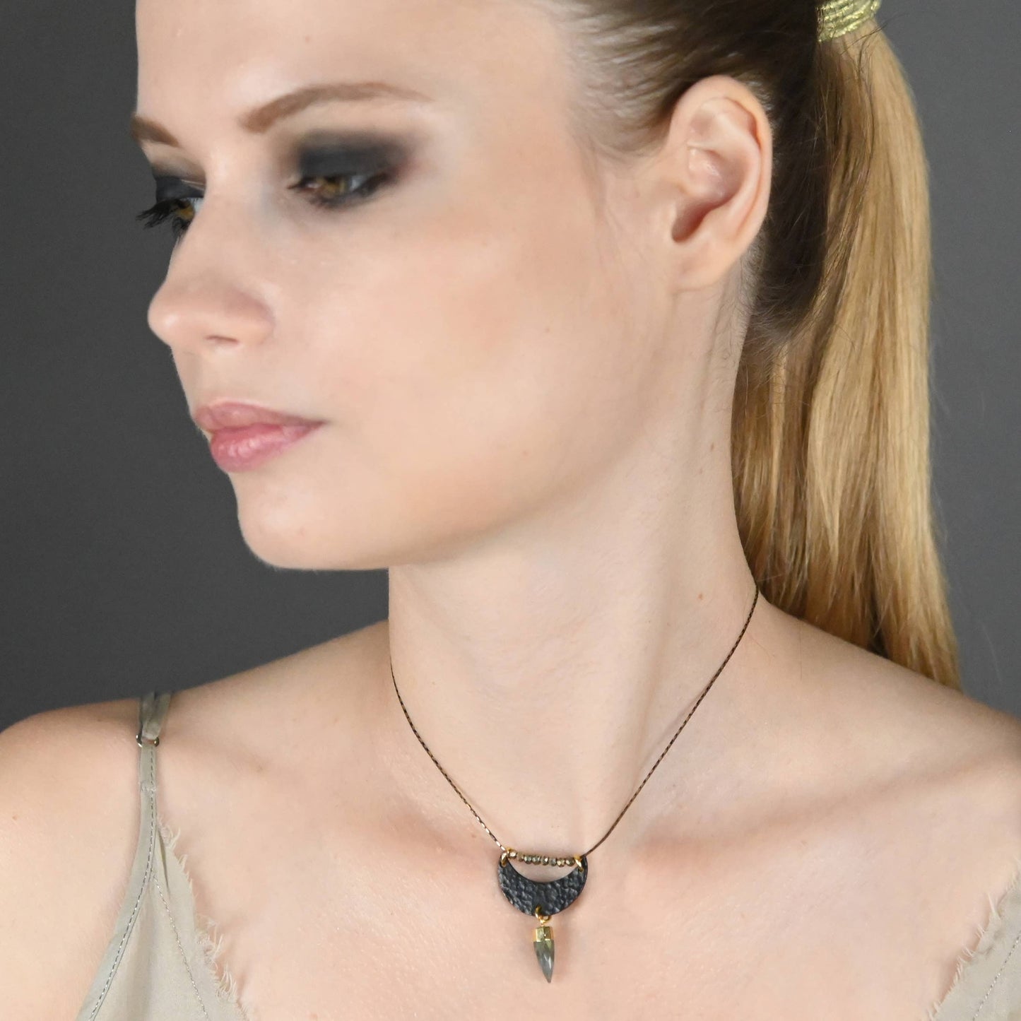 Black Hammered Moon w/ Crystals & Crystal Point Necklace