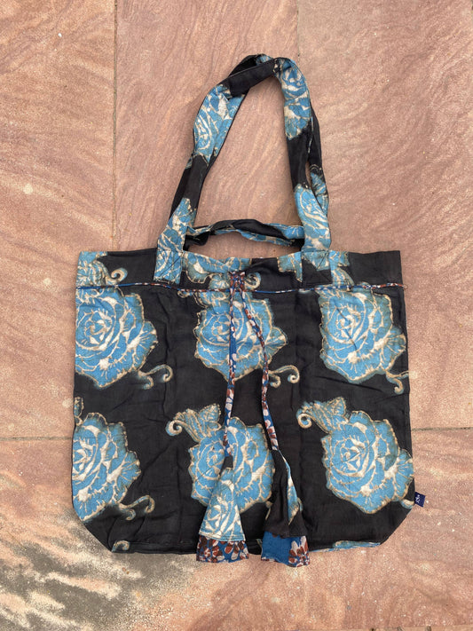 Black Large Organic Cotton Blockprinted Bag - Roses