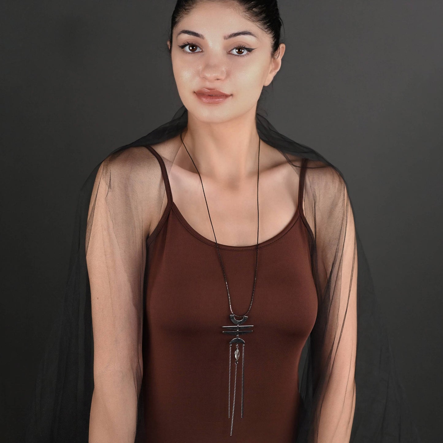 Deco Waterfall Semi Precious Adjustable Necklace (Gunmetal)